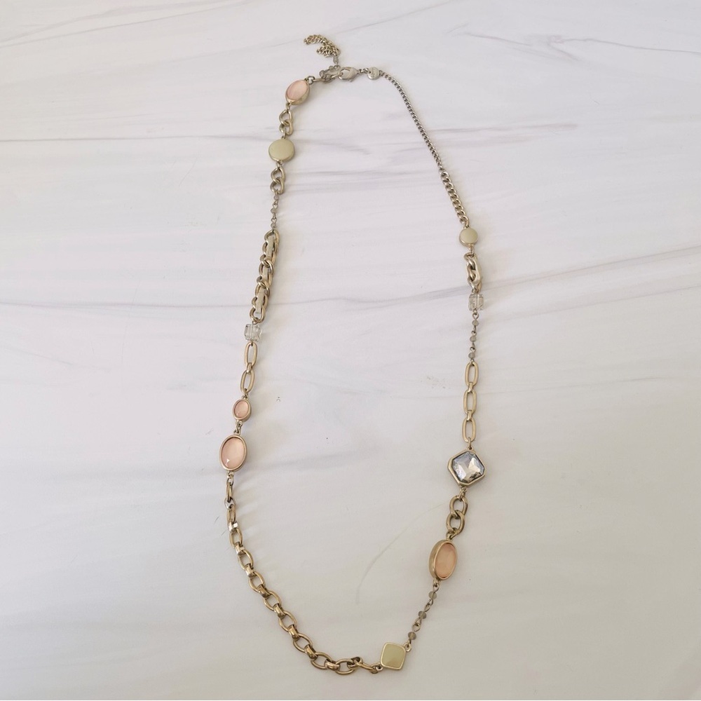 LOFT Mixed Materials Link Necklace- Rhinestones, Leather, and Stones- Gold